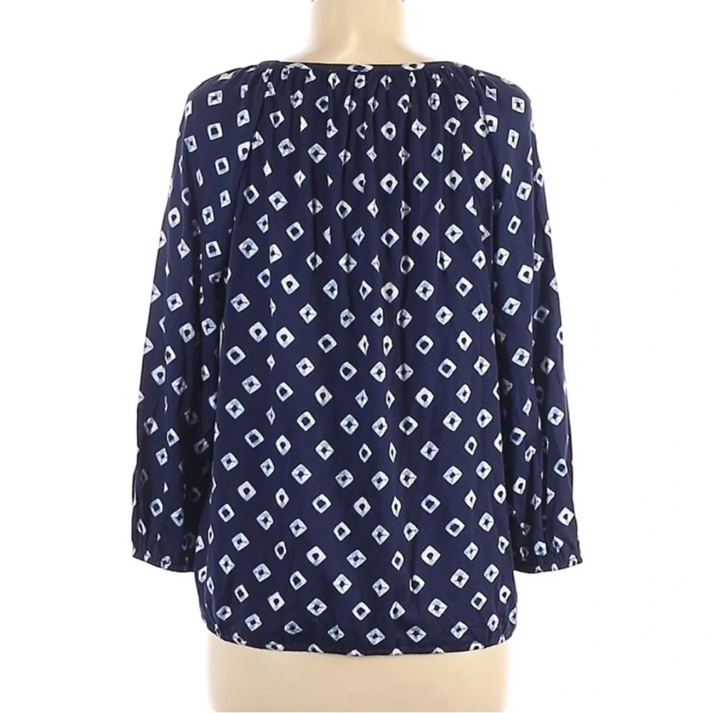 Michael Kors Navy Geometric Print Top M 3/4 Sleeve Scoop Neck Blouse Workwear
